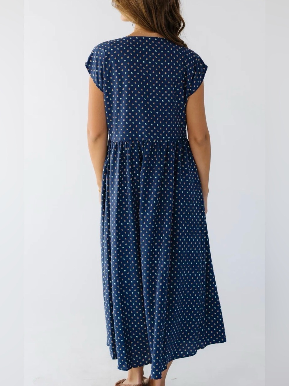 Brass & Roe XL Navy Ditsy Floral Button Front Midi Dress Cottagecore Prairie - Picture 2 of 7
